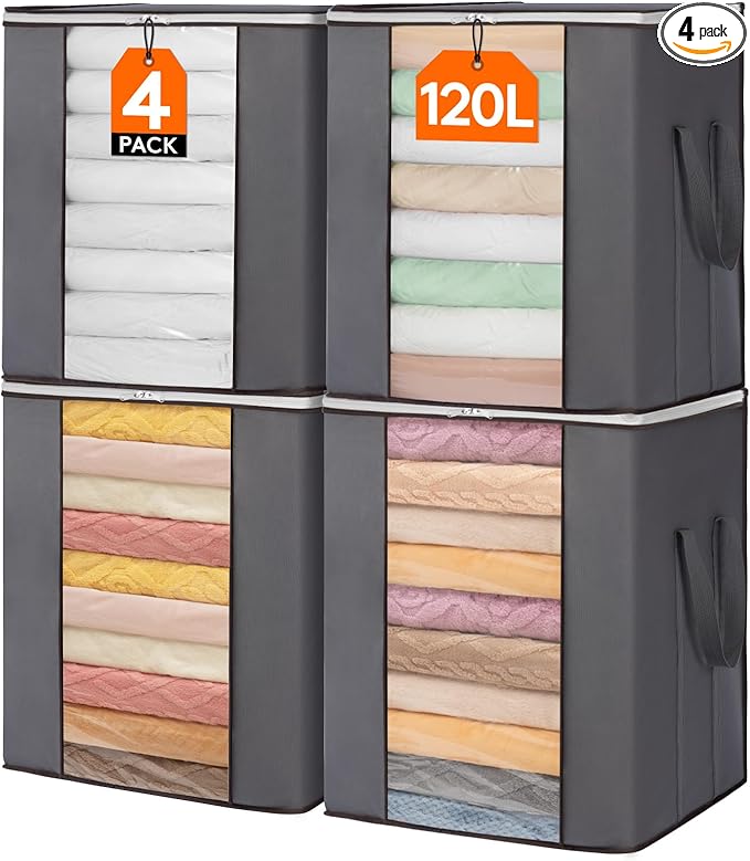Lifewit Extra Large Blanket Comforter Storage Bags with Reinforced Handles for Bedding, Sheet, Foldable Clothes Storage Containers for King Size Quit, 120L Linen Moving Bag 4 Pack