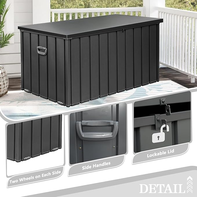 Domi 200 Gallon Deck Box, Metal Outdoor Storage Box with Lock Wheels Side Handles, Waterproof Outside Storage Box for Patio Cushions, Shoes & Pool Tools