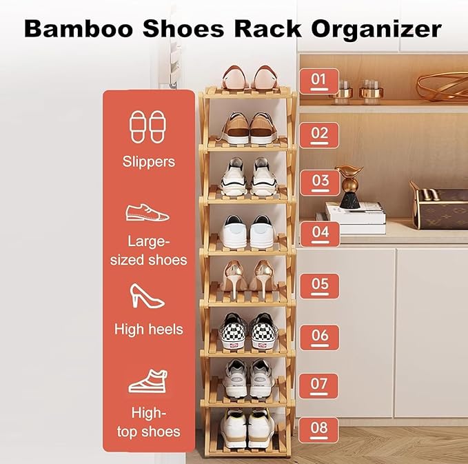 YYW Bamboo Shoe Rack for Entryway, Free Free Standing Shoe Racks Shelf Closet, Foldable Vertical Shoe Storage Organizer for Living Room