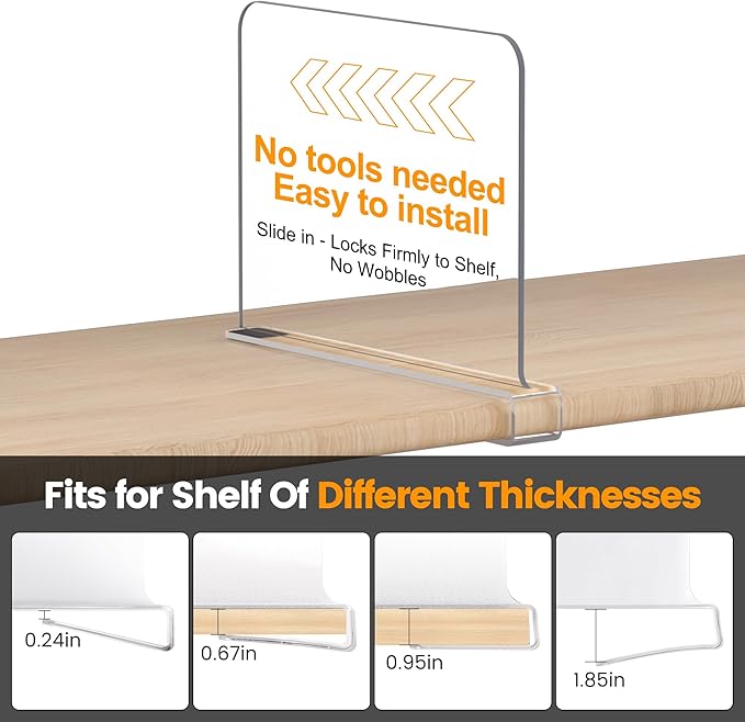 OKPOW Shelf Dividers for Closet Organization: 8" Tall X 12" Deep, Acrylic Clear Sturdy Separators for Clothes Purse, Adjustable, Removable, Easy to Install, Storage for Wood Cabinet Housewife, 8 Pack
