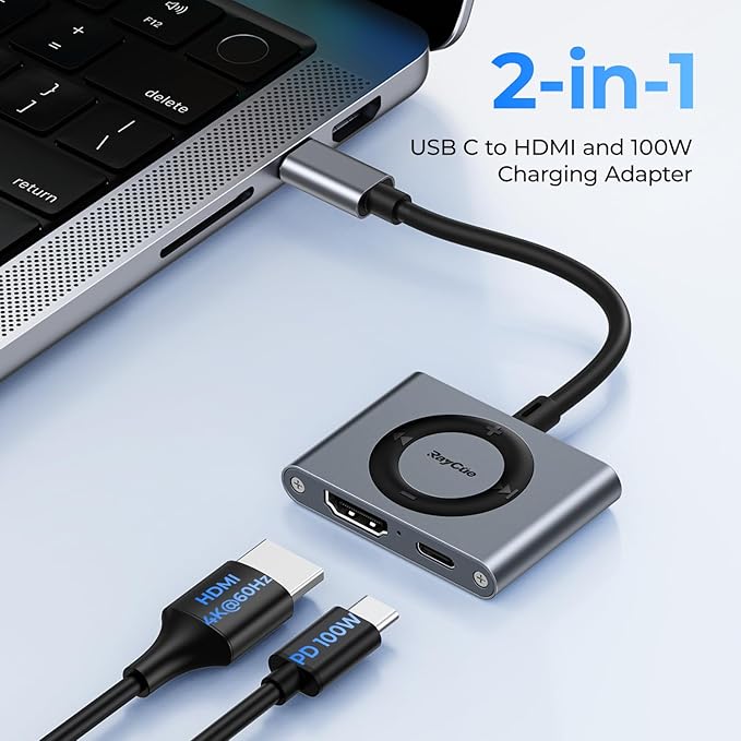 RayCue 2-in-1 USB C Hub, USB C to HDMI Adapter with HDMI 4K@60Hz & 100W PD Charging - Adapter for Laptop, MacBook, IPad (USB-C), iPhone 15/16, Tablets, Switch
