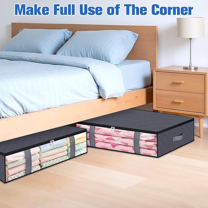Under Bed Storage Containers, 4 Pack Blanket Storage Bags, Collapsible Storage Bags with Big Zippers, Clear Front, Shoe Storage and Organization for Clothes, Comforter, 60L, Grey