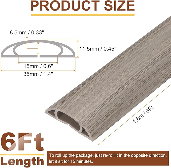 HARFINGTON 6ft Cord Cover Floor W0.6 x H0.33 Inner Channel PVC Hide Extension Cable Floor Wire Hider Wire Covers Protector for Prevent Cable Trips Cables Management, Light Grey