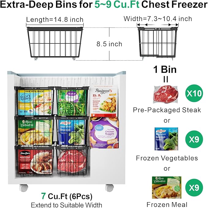 iSPECLE Freezer Organizer Bins - Fit 5 to 9 Cu.Ft, 6 Pack Adjustable & Extra Large Chest Freezer Organizer Bins for Deep Freezer, Easy Organize Basket Store More, Stackable No Wasted Space, Black