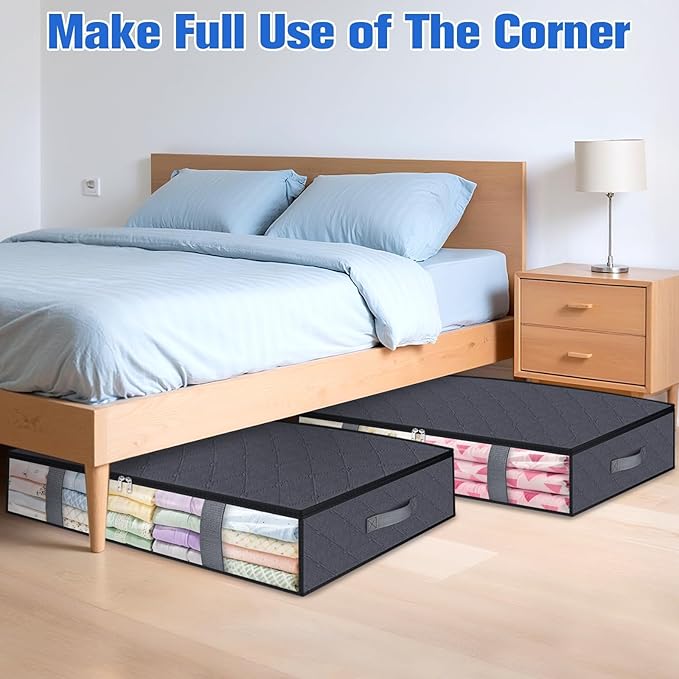 Under Bed Storage Containers, 2 Pack Blanket Storage Bags, Collapsible Storage Bags with Big Zippers, Clear Front, Shoe Storage and Organization for Clothes, Comforter, 90L, Grey