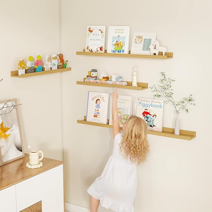 Fun Memories Picture Ledge Shelf, Floating Shelves Set of 4, 40 Inch Picture Shelves for Wall with Ledge, Large Nursery Book Shelf for Toys Storage, Living Room, Bedroom Decor Frames, Oak