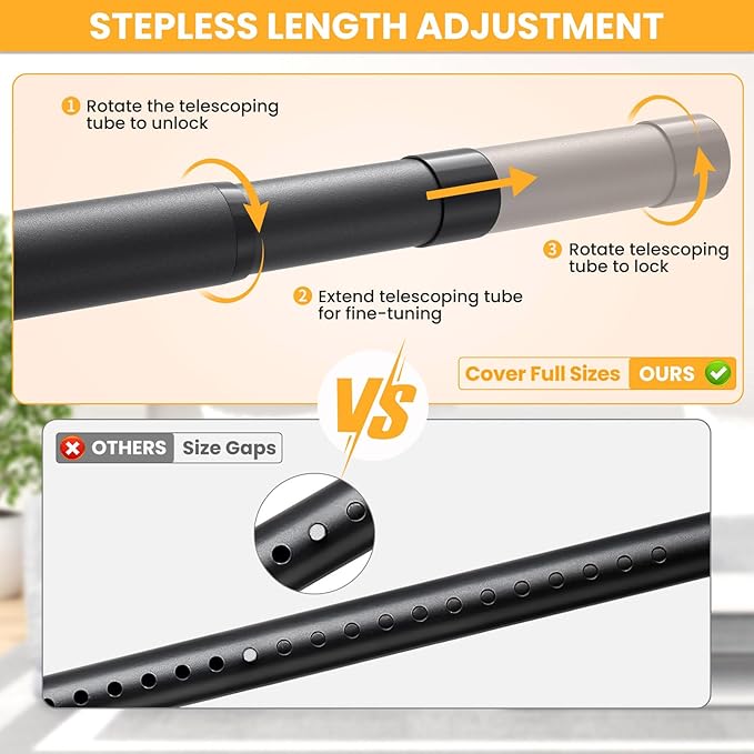 Closet Rods for Hanging Clothes, 17-39 Inch No-Cut Stepless Adjustable Closet Rod, 1.3 Inch Heavy Duty Metal Closet Hanging Rod with Brackets, Black Closet Bar for Closet, Laundry Room, RV, Wardrobes