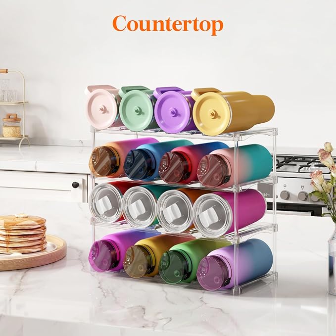 Lifewit Stackable Water Bottle Storage Organizer, Clear Tumbler Cup Mug Organizer, Plastic Large Compartment Wine Rack for Fridge Cellar Kitchen Pantry Storage, 4Tier Hold 16