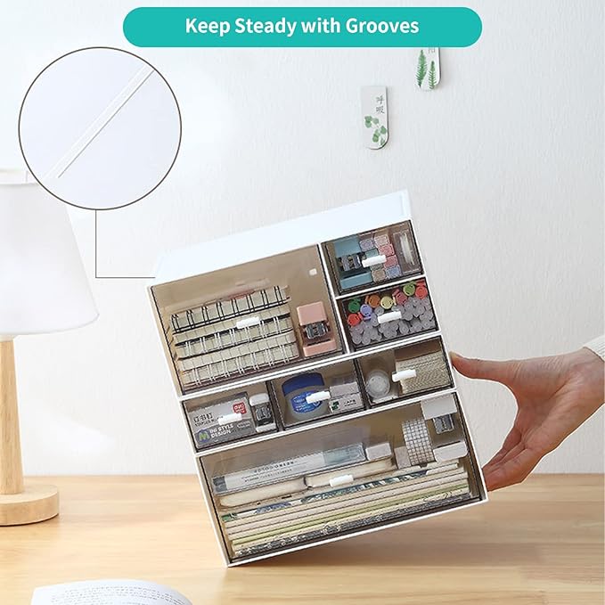 Desk Craft Organizer and Storage with 7 Flat Drawers, Stackable Plastic Desktop Accessories & Workspace Organizer for Office Stationary, Makeup Skincare, Sanitation Supplies, Blue