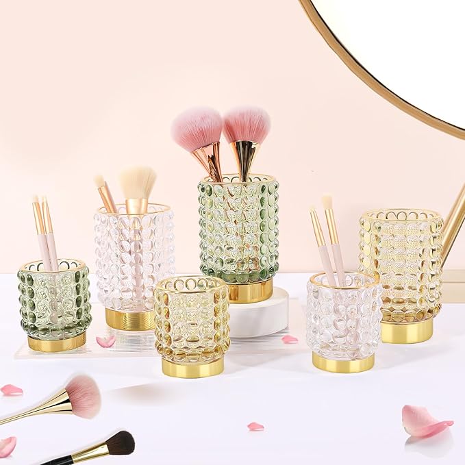 DASITON Makeup Brush Holder Organizer, Crystal Cosmetic Make Up Brush Holder, Glass Makeup Brushes Storage Organizer, Vintage Make Up Cup Desk Pen Pencil Holder, Toothbrush Holders (Clear L)