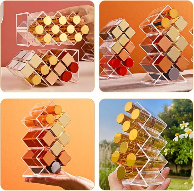Luxshiny 2Pcs Clear Acrylic Lipstick Organizer with Compartments Dustproof Makeup Display Holder for Lip Gloss Liquid Solid Lipstick Storage Bedroom Supply Vanity Organizer