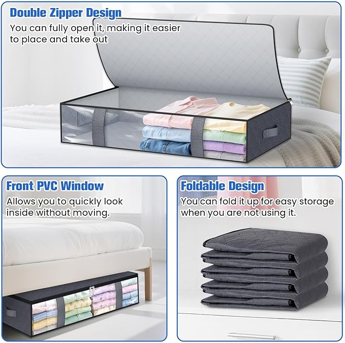 Under Bed Storage Containers, 4 Pack Blanket Storage Bags, Collapsible Storage Bags with Big Zippers, Clear Front, Shoe Storage and Organization for Clothes, Comforter, 75L, Grey