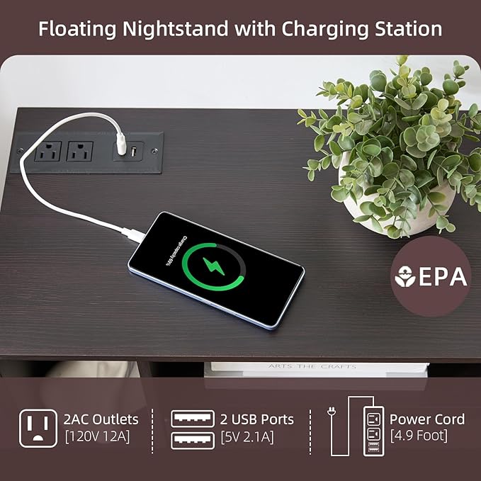 Modern Espresso Fluted Floating Nightstand with Charging Station, NightStand with Drawers, Bedside with USB Ports and Outlets, Bedroom Furniture (Left)