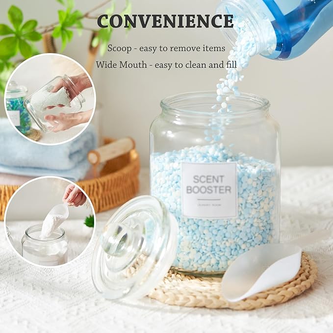 Laundry Pods Glass Jars - Half Gallon Airtight Containers with Scoop and Labels for Organization and Storage Laundry Room Detergents Powder, Scent Booster Beads Holder, Set of 2