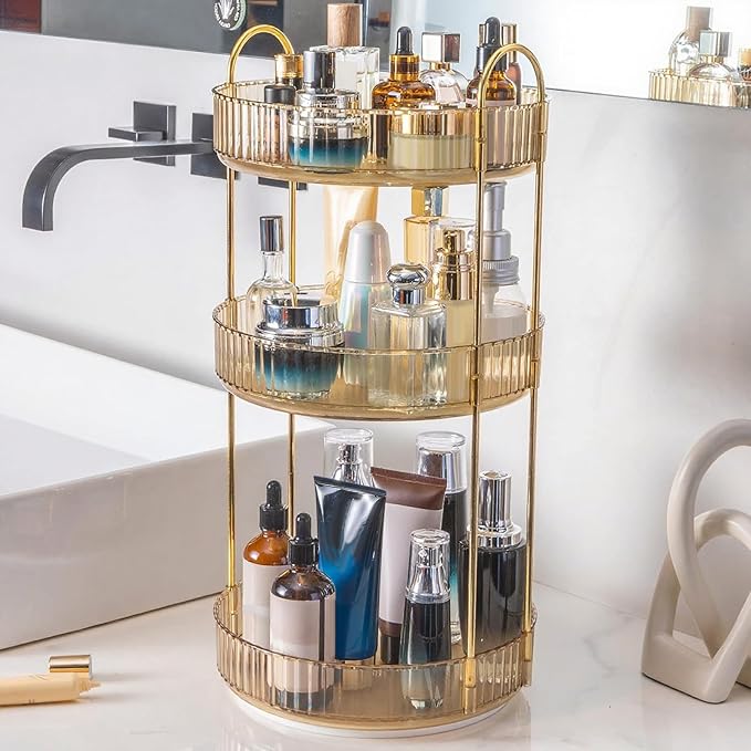 360 Rotating Makeup Organizer, Yellow, Unisex, 3 Tier Countertop Storage, Fits Cosmetics, Perfume, Skincare, Lipsticks