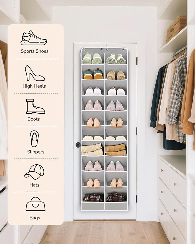 ULG Over The Door Shoe Organizer for Closet Fit 24-32 Pairs with Large Deep Pockets, Narrow Shoe Rack for Door Hanging Boots Storage, Black