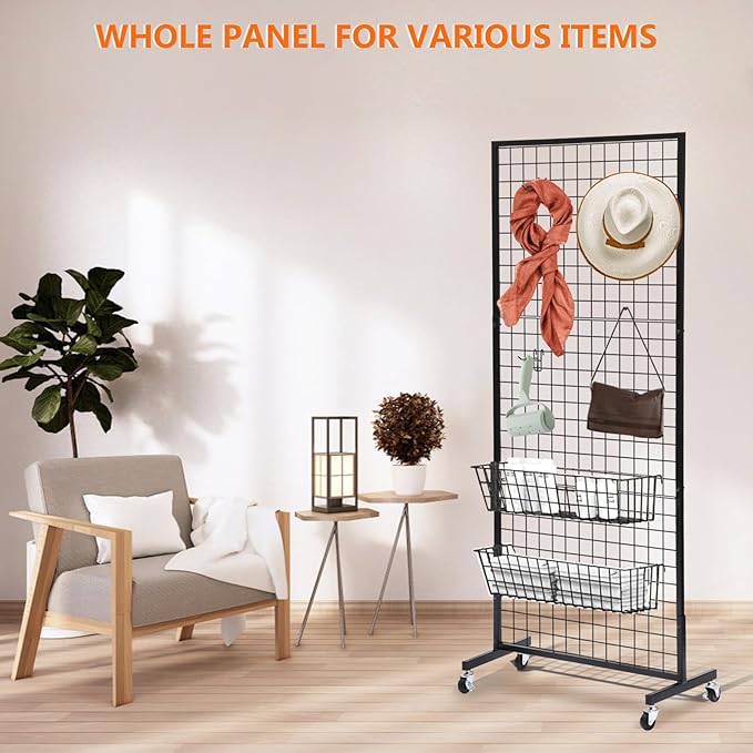 Eastern Tree 1 Pack 2.5'x 6' Three Pieces Grid Wall Panels Stand with T-Base, Black Wire Grid Wall Rack with Wheels, Craft Display Rack, Retail Display, Art Display, Extra More 10 Pieces Hooks