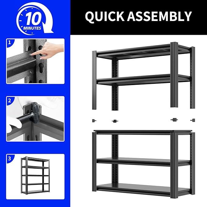 72" H Metal Storage Shelving, 3000LBS Heavy Duty Shelves Unit, Adjustable 5 Tier Storage Rack, Industrial Utility Shelf for Garage, Warehouse, Bedroom, Kitchen,24" D×48“W×72”H, Black