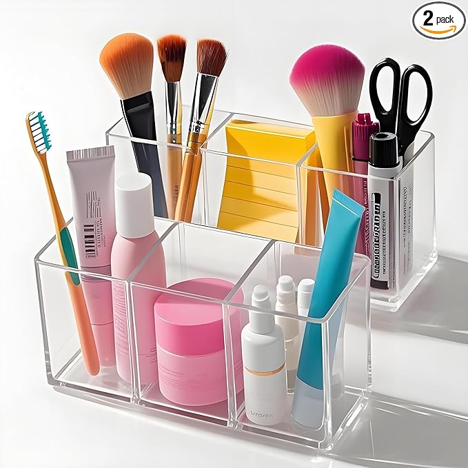 Acrylic Makeup Brush Holder, 2 Pack Clear Pencil Holder, Desk Accessories Holder with 3 Compartments, Brush Organizer for Vanity, Desk, Cosmetic Display