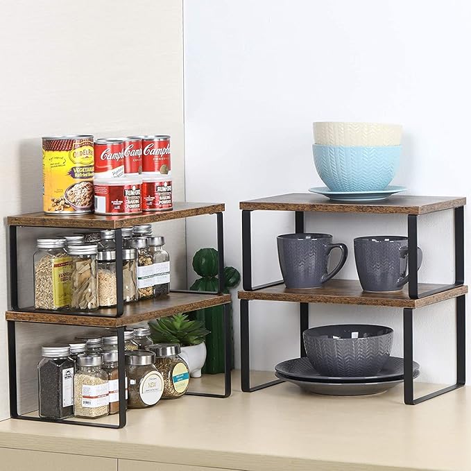 NEX Kitchen Cabinet and Counter Shelf Organizer, Shelf Riser for Pantry Countertop Cupboard Desk Top, Stackable & Expandable, Set of 4, Black and Rustic Brown