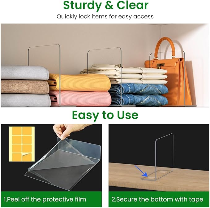 Shelf Dividers for Closet Organization: 4 Pack 10" Tall X 8.4" Deep Acrylic Clear Vertical Shelves Separators - Adhesive Adjustable Easy to Install Remove - Handbags/Clothes/Towel Storage