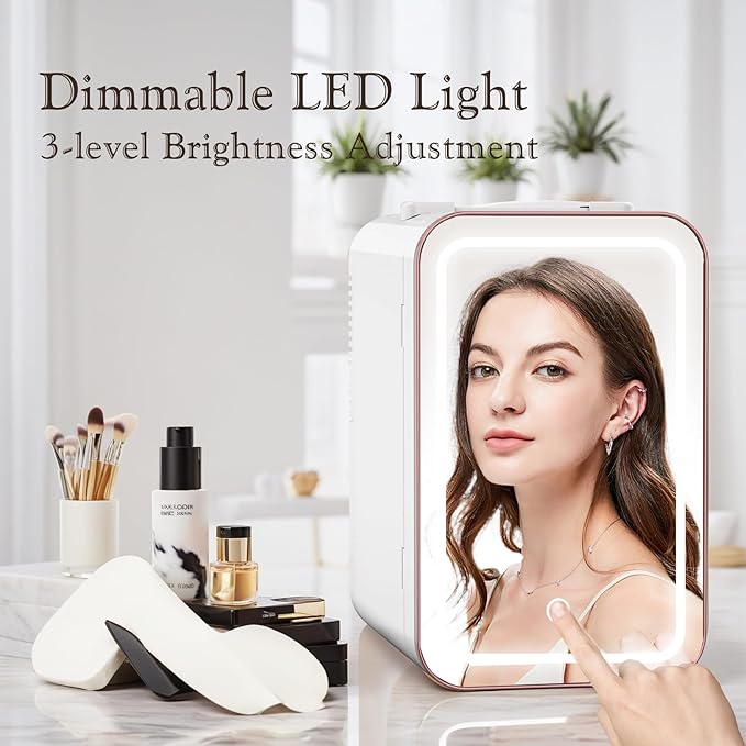 Skincare Fridge, 6L/10 Can Mini Fridge for Bedroom with Dimmable LED Mirror, Portable Cooler & Warmer Small Compact Refrigerator for Skincare, Cosmetics, Bedroom and Office, White