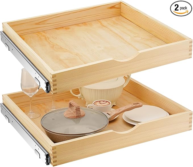 Menkxi 2 Set Pull out Tray Cabinet Organizer Wooden Pull Drawers storage Slide out Pantry Shelf for Base Cabinet Kitchen Gentle Close Fully Assembled Accessories(Wood Color,24'' X 21'' X 3'')