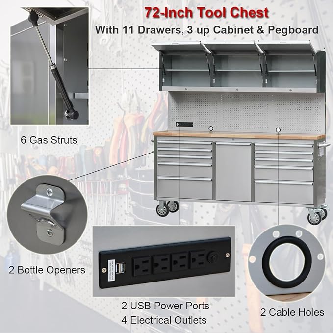 72" Stainless Steel Rolling Tool Chest with 11 Drawers + 3 Upper Cabinets, Large Lockable Storage Cabinet, Mobile Workbench with Wheels for Garage Workshop (1 × HTC7214W1)