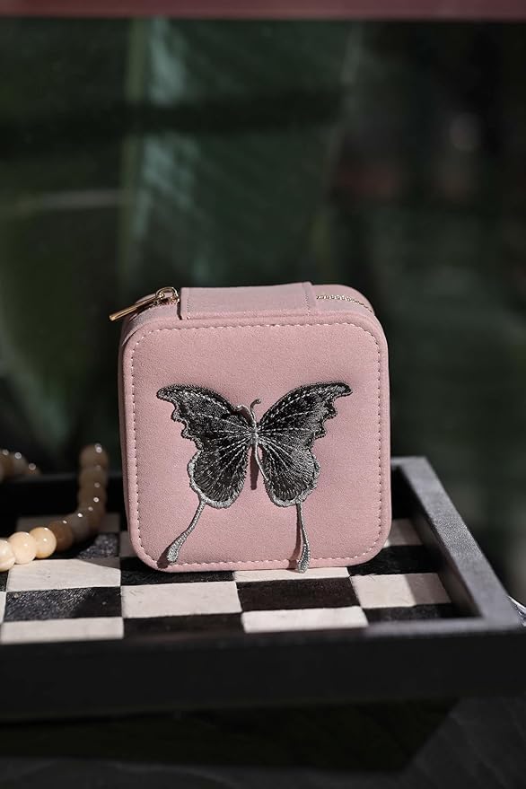 S.Leaf Travel Jewelry Organizer Boxes for Women Small Portable Necklace Earrings Bracelet Rings Travel Case Best Friend Birthday Gifts for Women Trendy (Butterfly_Pink_Gray)