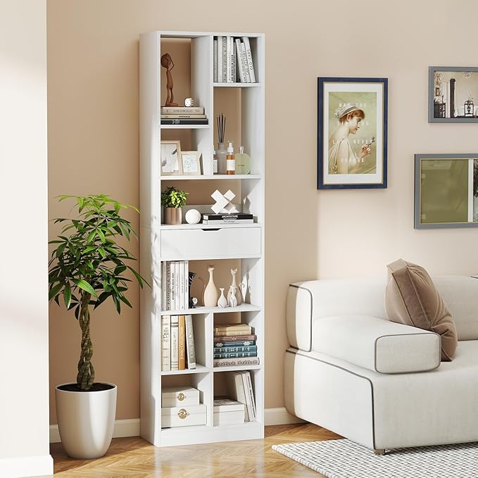 Tangkula 71” Tall Bookcase with Drawer, Modern Bookshelf with 10 Open Cubes, Floor Standing Display Rack Storage Cabinet with Anti-Tipping Kits for Living Room, Study, Office (2, White)