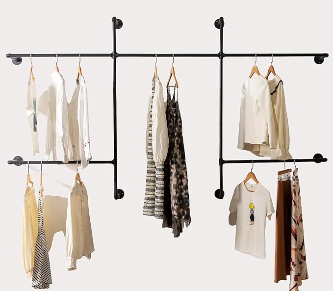 Industrial Pipe Clothes Rack Wall Mounted Clothing Rack,Heavy Duty Iron Pipe Garment Rods,Detachable Multi-Purpose Clothing Hanging Rod/Garment Bar, Black