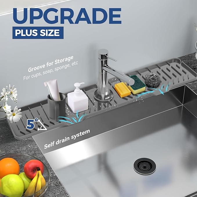 24" Splash Guard Plus Size Silicone Sink Faucet Drying Mat Handle Drip Catcher Tray Dish Sponge Holder Kitchen Accessories Protector Home Organization Gadgets Organizer