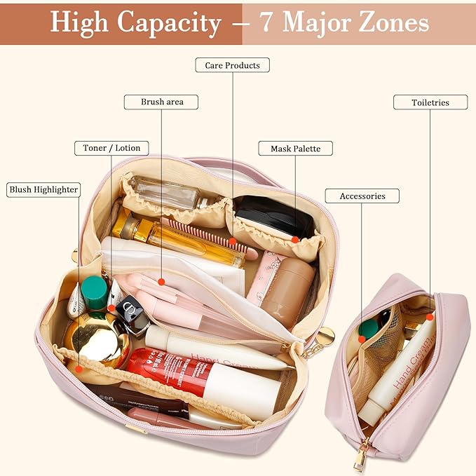 Birthday Gifts for Women Teen Girl, Personalized Initial Makeup Organizer Bag Set, Open Flat Travel Cosmetic Bag With Clear Divider and Handle(Pink,B)