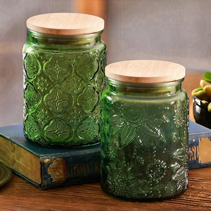 ANSQU Set of 2 Vintage Glass Canister, 23.7oz Candy Jars with Lids, Vintage Colored Mason Jar for Kitchen Decorative Jars for Coffee Tea Cookies, Cute Jar (Blue & Green)
