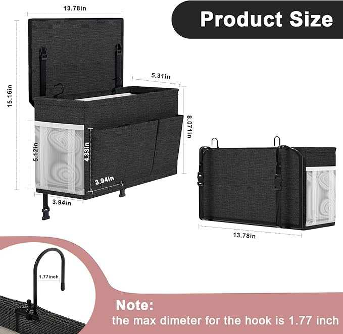 Dual-purpose Bedside Caddy Bedside Organizer, Bed Caddy with 6 Pockets, Versatile Bedside Storage Solution Magazine Remotes holder, ideal for Home, Dorm, Hospital, Crib Bed (Black)