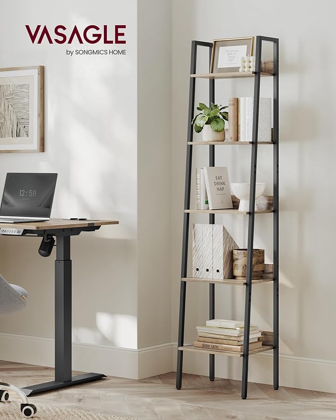 VASAGLE Bookshelf, 5-Tier Narrow Book Shelf, 11.8 x 13.3 x 66.9 Inches, Ladder Shelf for Home Office, Living Room, Bedroom, Kitchen, Camel Brown and Ink Black ULLS109B50V2