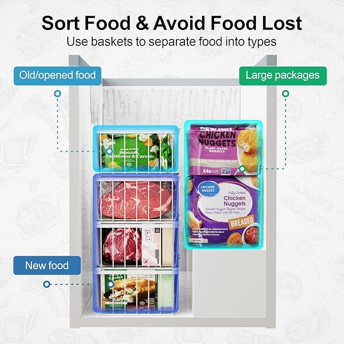 iSPECLE Chest Freezer Organizer Bins - 8 Pack Stackable Freezer Organizer for 5 to 7 Cu.Ft Freezer and Upright Freezer Over 8.5 Cu.Ft, Easy Get Food from Bottom, Add Extra Storage Space, White