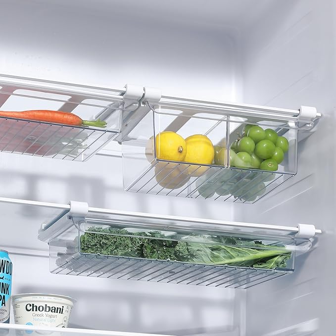 Pull-Out Fridge Drawer Organizer - Under Shelf Storage Bins for Refrigerator Organization for Fruits Vegetables, Cheese & Deli (Flat & Narrow)