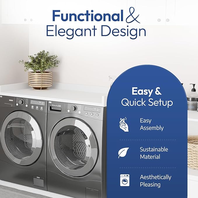 OfficeSimpli Washer Dryer Countertop, Made in USA, Non-Slip Pads, Easy Clean, Laundry Room Essentials and Decor, Washer Dryer Wood Top for Organization (Glacier White, Standard (27.5" x 54"))