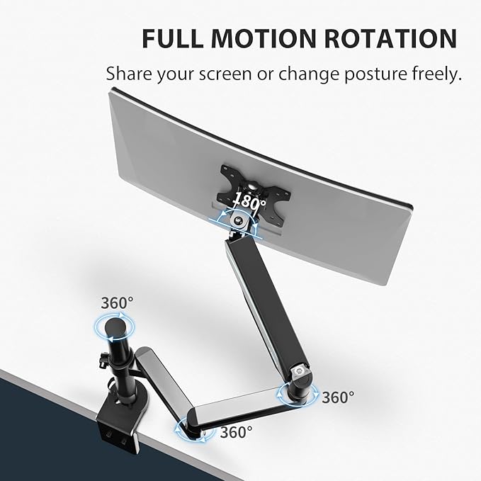 EUREKA ERGONOMIC Single Monitor Desk Mount, Adjustable Gas Spring Monitor Arm for LCD PC Screen 13-32 inch, Max 17.6 LBS, Computer Monitor Stand W C Clamp & Grommet Base, VESA 75x75mm,100x100mm, Black
