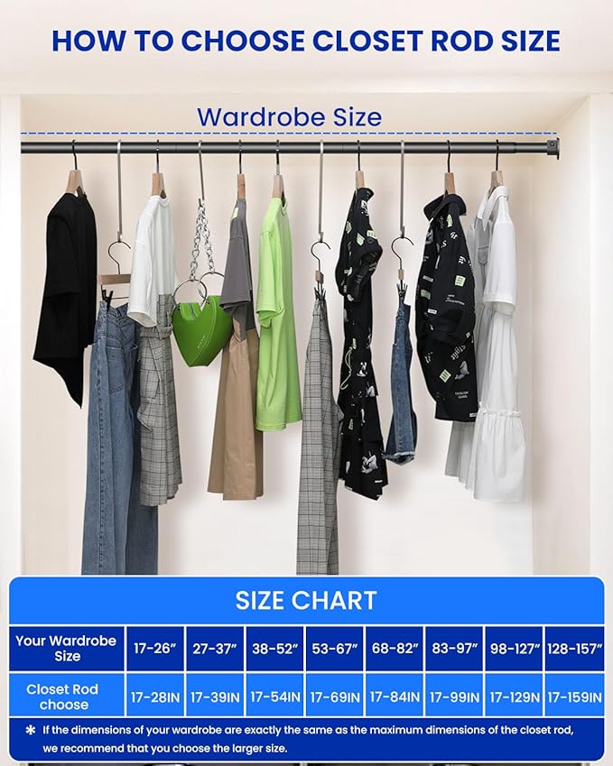 Closet Rods for Hanging Clothes, 17 to 159 Inches Stepless Adjustable Metal Closet Rod, 1.3 Inches Heavy Duty Clothes Hanging Rod for Closet Wardrobes Laundry RV, Black