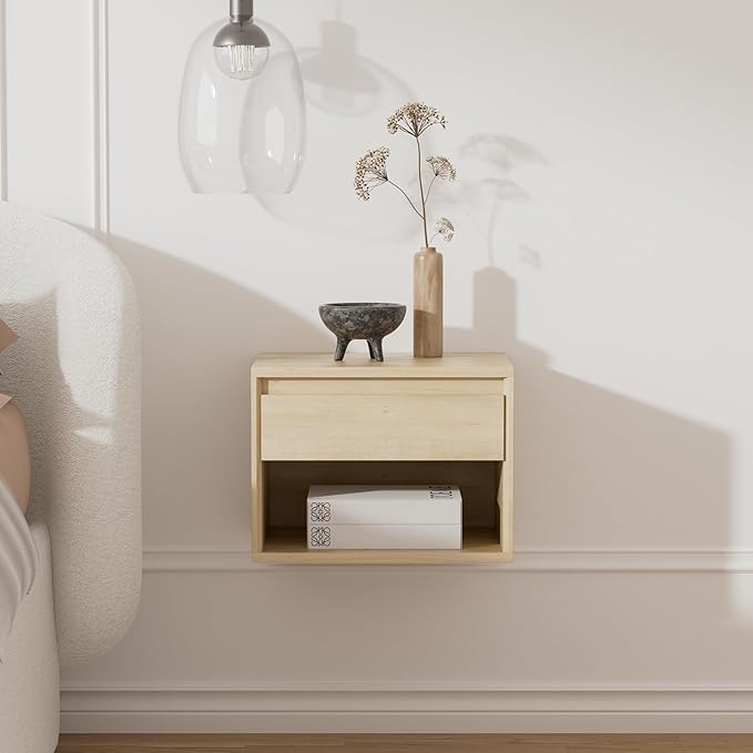 Mid Century Modern Floating Nightstand, Wall Mounted End Table with Drawer and Open Compartment Wooden Bedside Night Stand Small Storage Cabinet for Bedroom, Light Oak