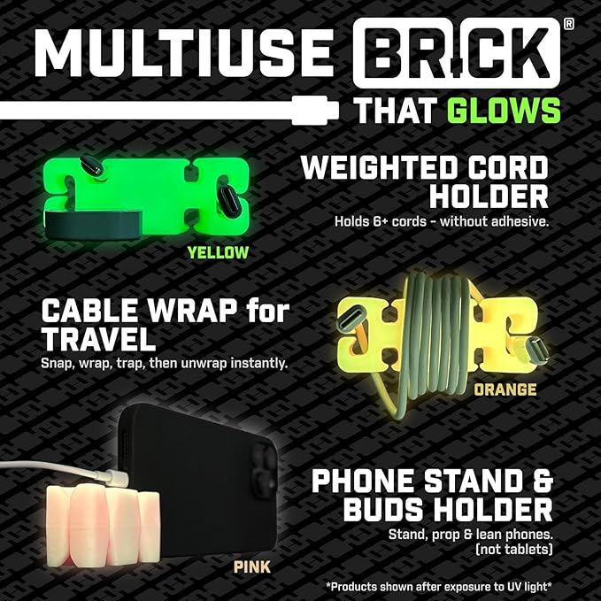 GlowBrick Stocking Stuffers for Adults Cord Management Weighted Cord Holder Cable Wrap Phone Stand - Glow-in-The-Dark Gadget Organizer for Nightstand. Gift for Men, Silicone. Glowing Pink