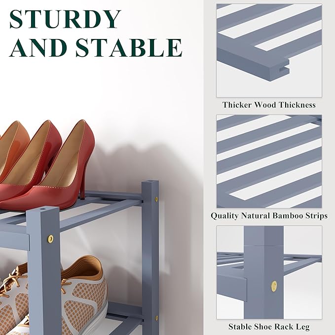 Smiry Bamboo Shoe Rack for Closet, 5 Tier Small Wooden Stackable Shoe Organizer, Free Standing Shoes Storage Shelf for Entryway, Front Door Entrance, Grey
