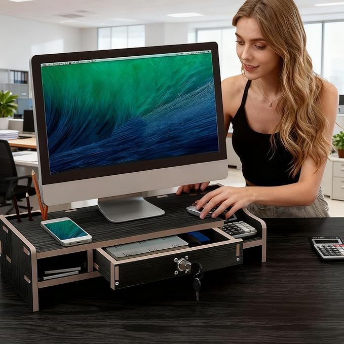 Monitor Stand Riser - Desktop Organizer with Practical Drawer, Wood Riser for Laptop Printer PC, Multi-Functional Shelf with Sturdy Build, Desk Accessory for Home Dorm Apartment, 19.21 Inch