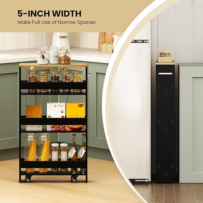 Small Kitchen Cart, 4-Tier Slim Rolling Island w/Handle, Laundry Room Storage Organizers Between Washer and Dryer, Narrow Spice Rack on Wheels Next to Fridge (Black, 5'')