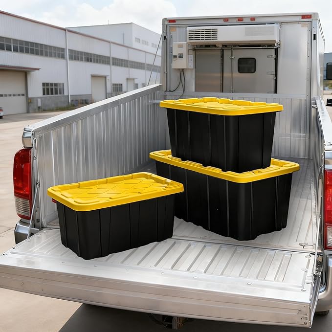 4-Pack Industrial Tote, Plastic Storage Container Bins with Lids, 27 Gallon - Heavy-Duty Organizing Containers for Home, Warehouse, and Transport