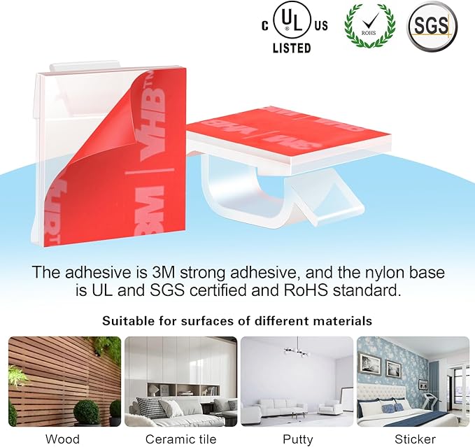 60 PCS XHF 3/4” Adhesive Cable Wire Clips Clear, Outdoor Christmas Light Clips, Cable Staples Cable Management Wire Organizer Cord Holder for Under Desk, Car, Wall, TV PC Ethernet
