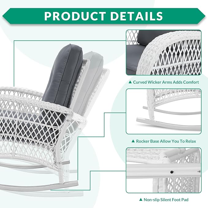 VIVIJASON 3-Piece Outdoor Conversation Bistro Set, Patio Wicker Rocking Chairs Rattan Furniture Sets w/ 2 Rattan Chairs, Cushions, Glass Top Side Table for Garden Porch Backyard (White Wicker/Grey)