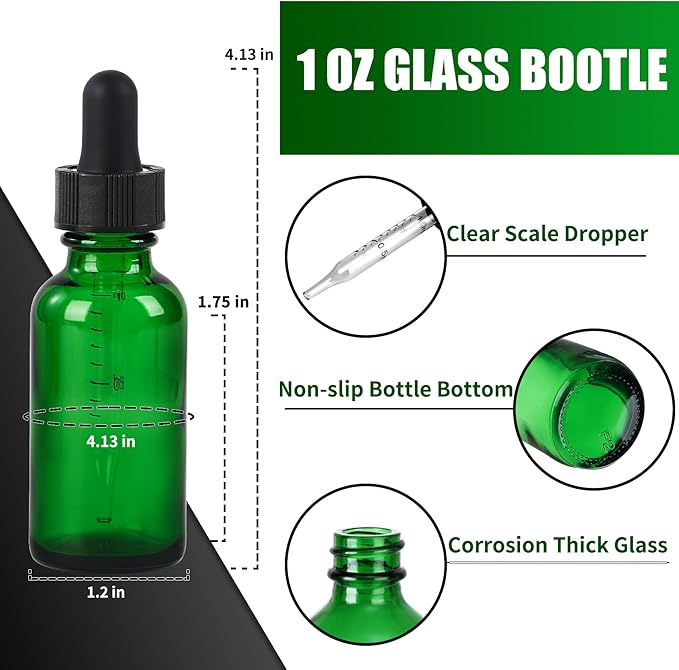 12 Pcs, 1oz Glass Dropper Bottle, Leakproof Tincture Bottles with Dropper, Green Reusable Eye Dropper Bottle for All Kinds of Liquids (Green, 1oz-12pcs)